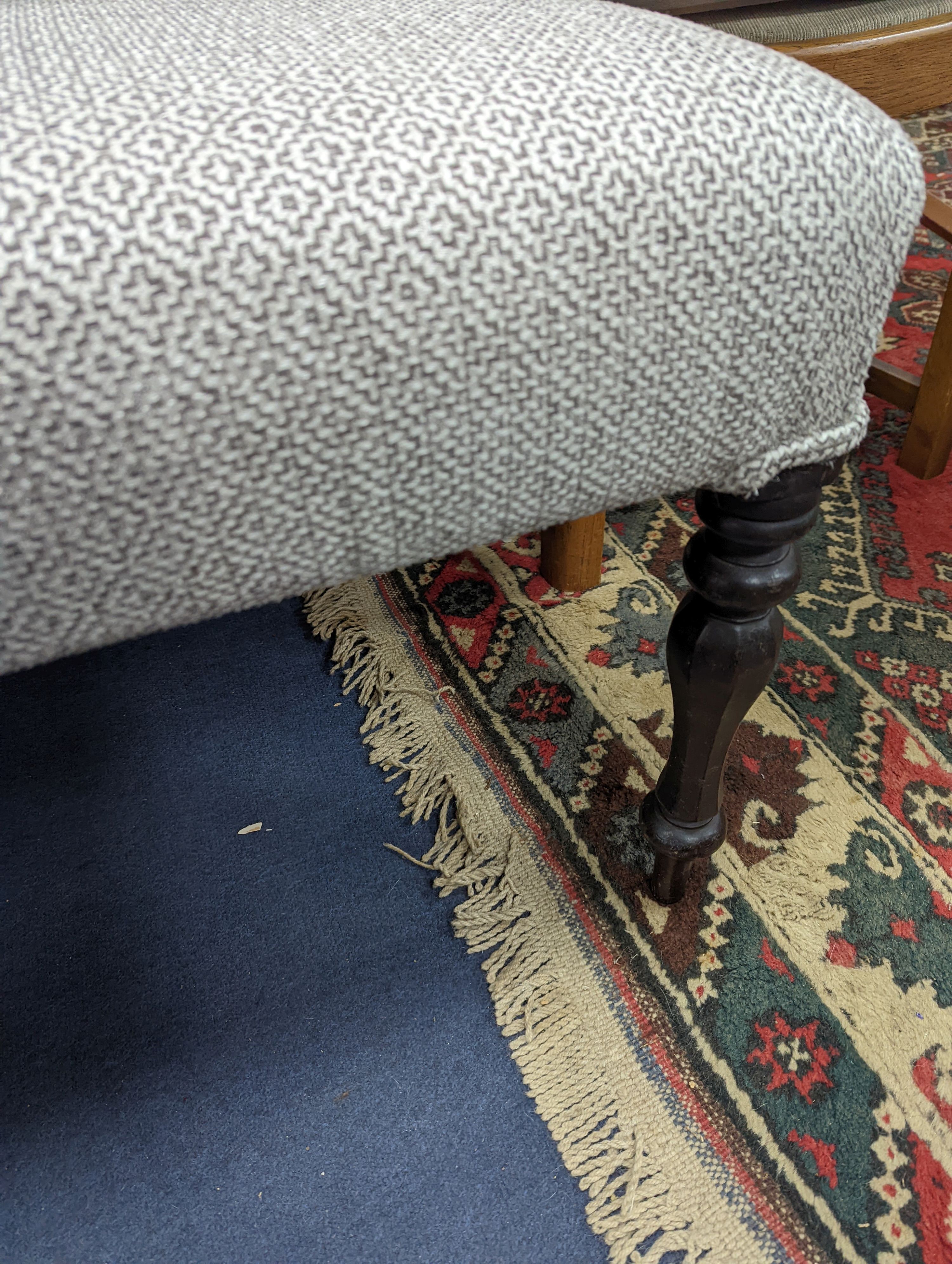 A Victorian mahogany framed rectangular stool, upholstered in an Ian Sanderson fabric, length 110cm, width 57cm, height 60cm